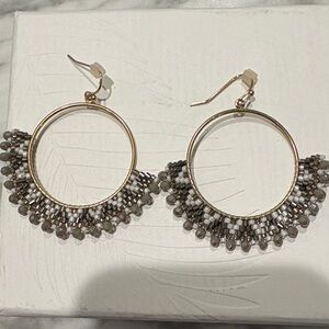 Gold Hoop Earrings with Gray Beaded Fringe